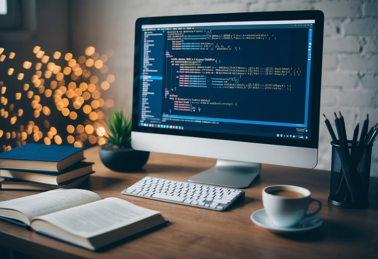 A computer screen with code being written and rewritten in real-time, surrounded by a stack of programming books and a cup of coffee