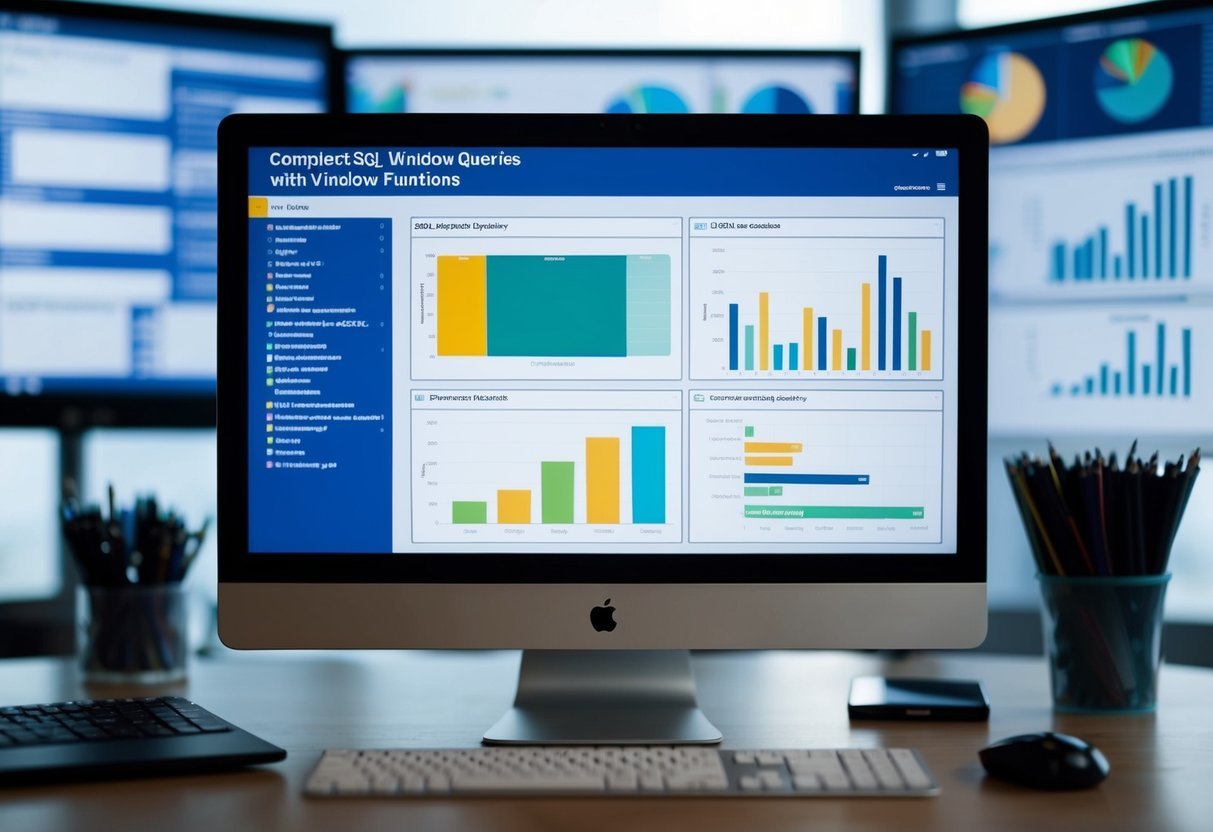A computer screen displaying complex SQL queries with window functions, surrounded by data charts and graphs for nuanced analysis of large datasets
