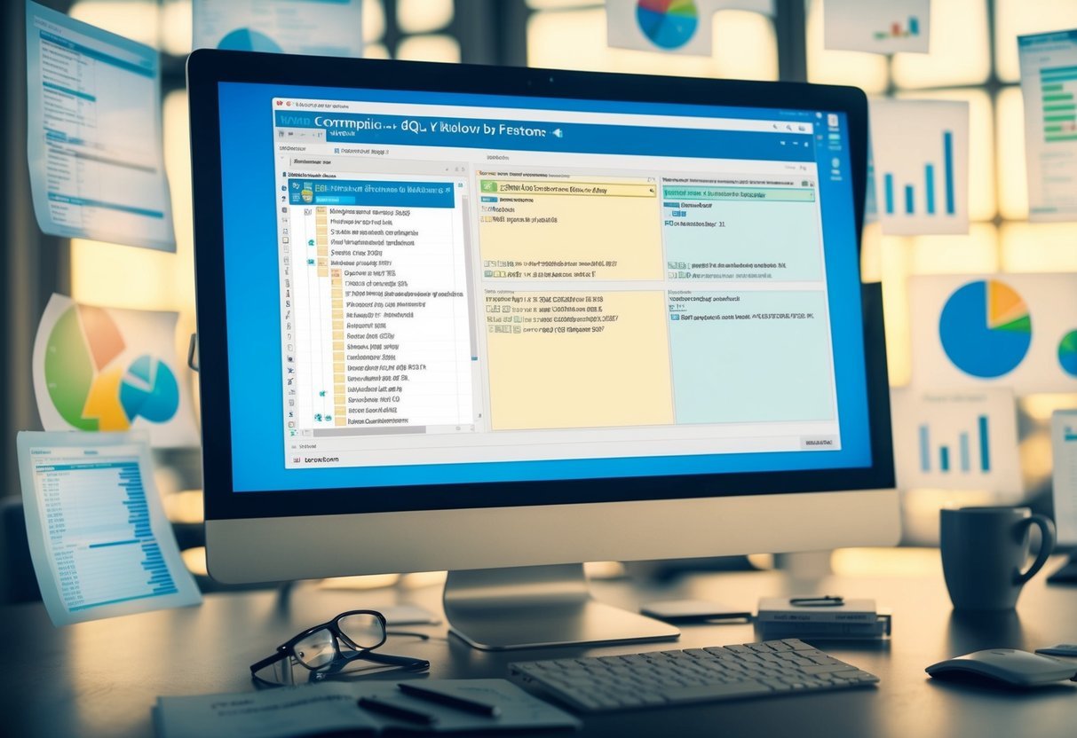 A computer screen displaying a complex SQL query with window functions, surrounded by scattered data charts and graphs