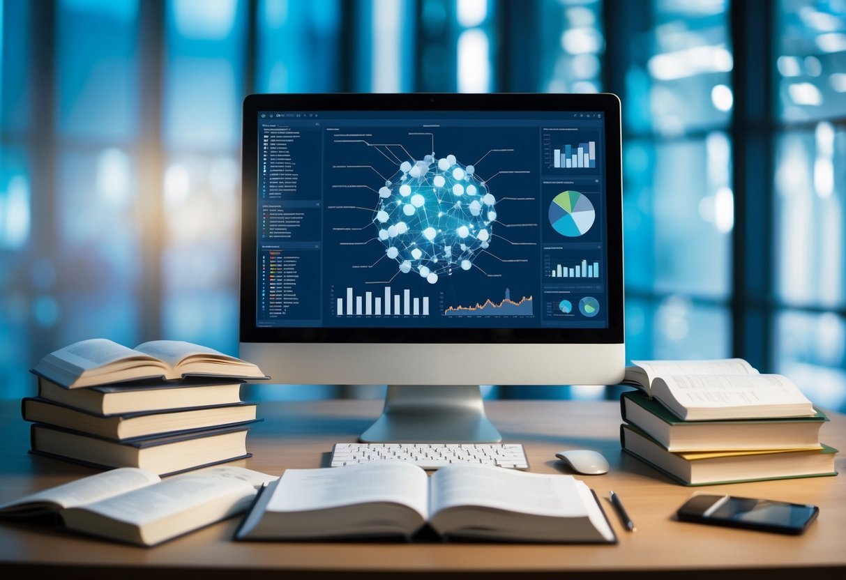 A computer screen displaying a complex dataset with various data points and visualizations, surrounded by open books and notes on window functions