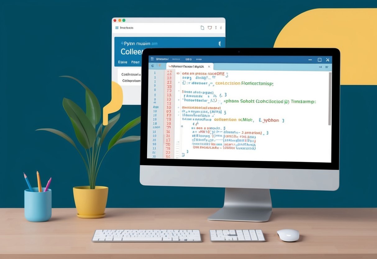 A computer screen displaying Python code with timestamps and the collections module open in the background