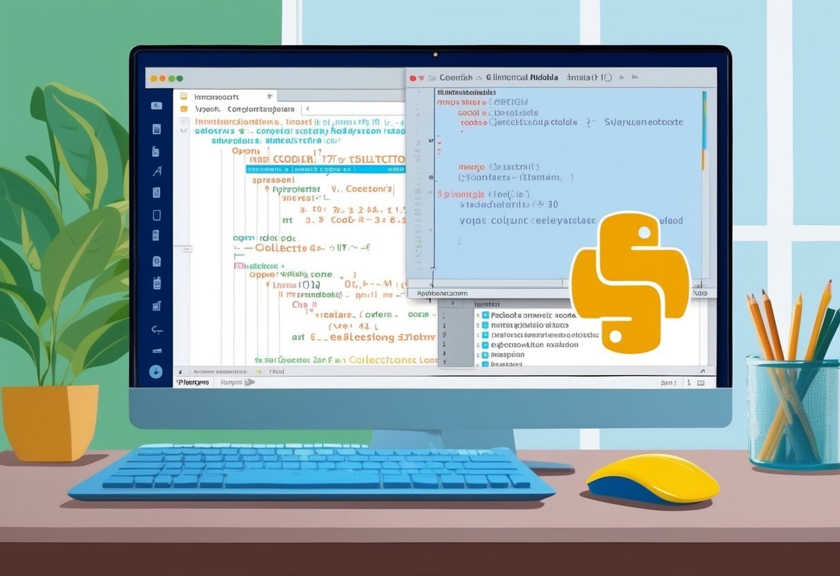 A computer screen displaying Python code with timestamps and the collections module open in the background