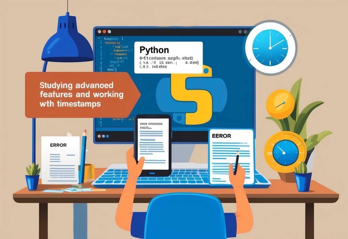 A programmer using Python, encountering an error message, while studying advanced features and working with timestamps
