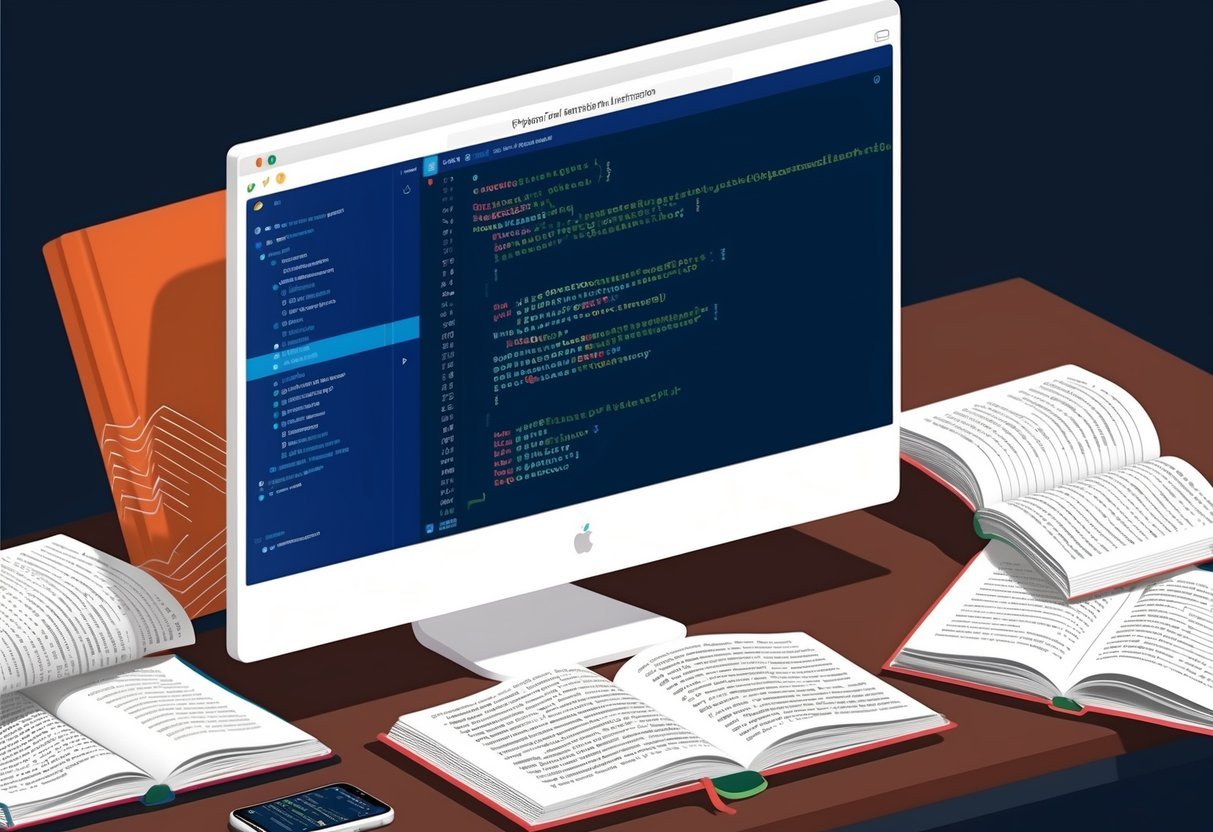 A computer screen displaying a terminal window with Python code, surrounded by open books on advanced programming techniques