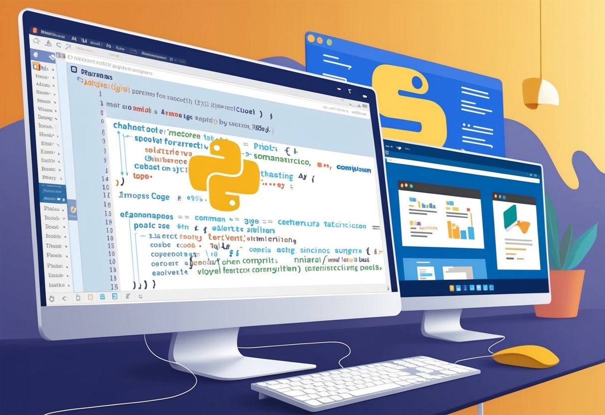 A computer screen displaying Python code with a command line interface and data science-related content open in the background