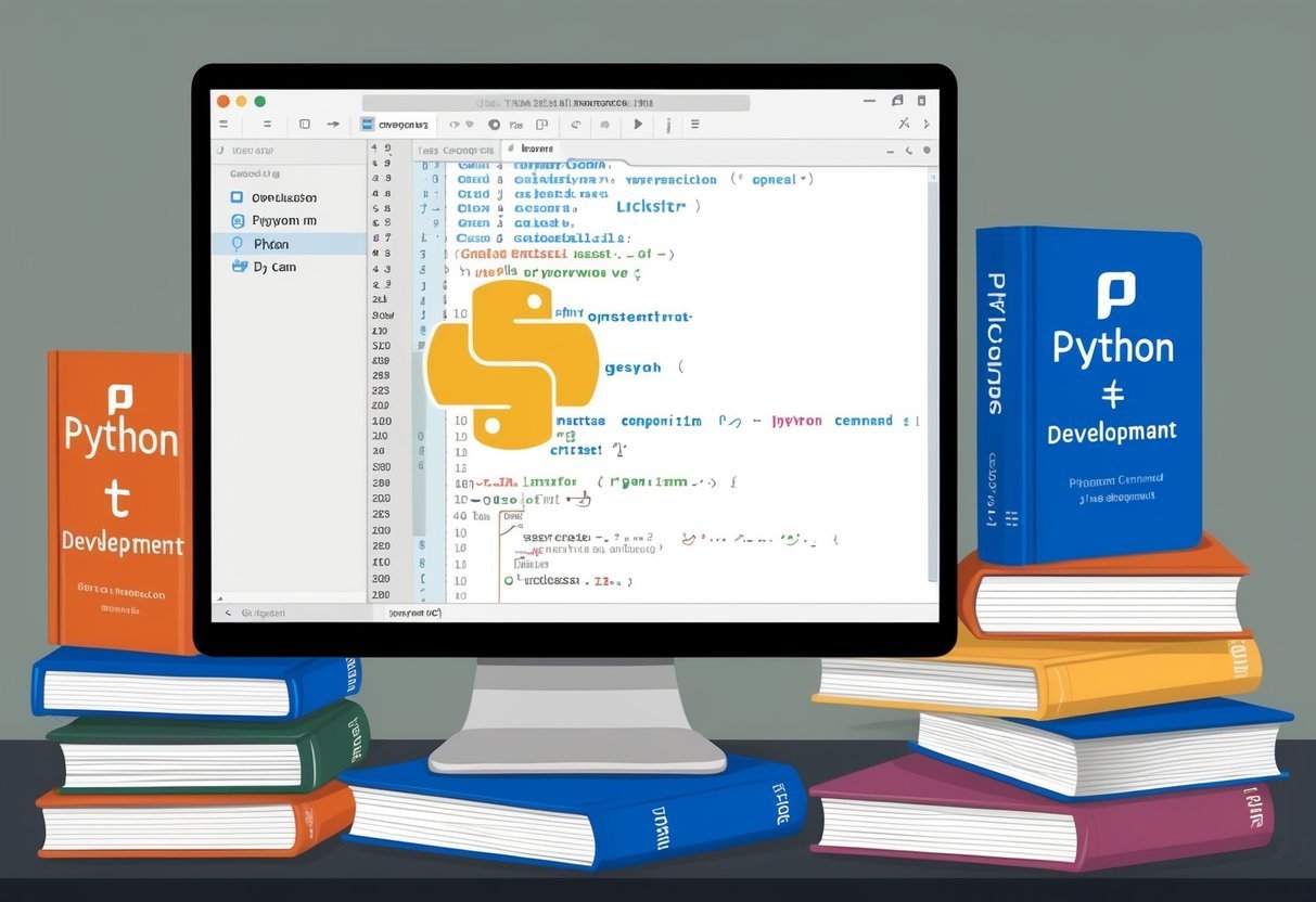 A computer screen displaying Python code with a command line interface open, surrounded by books on Python development