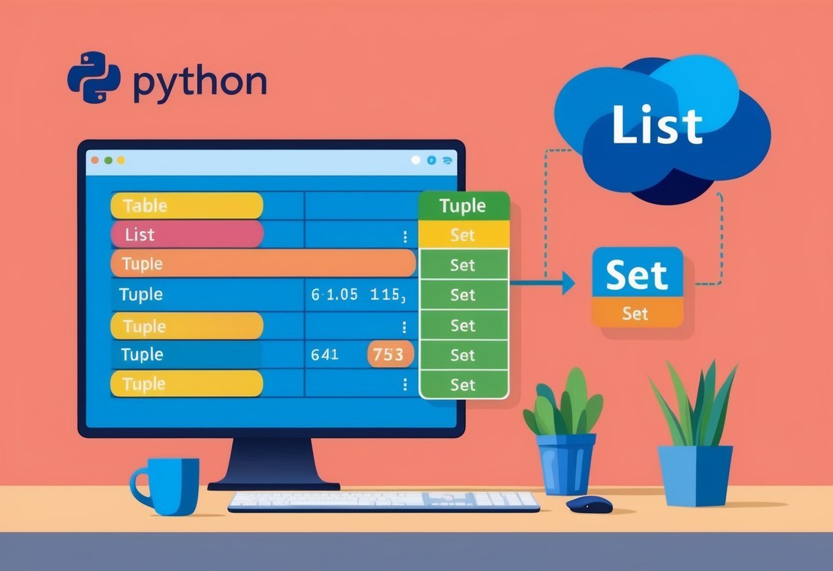 A table with a list and a tuple, and a set drawn in Python code on a computer screen