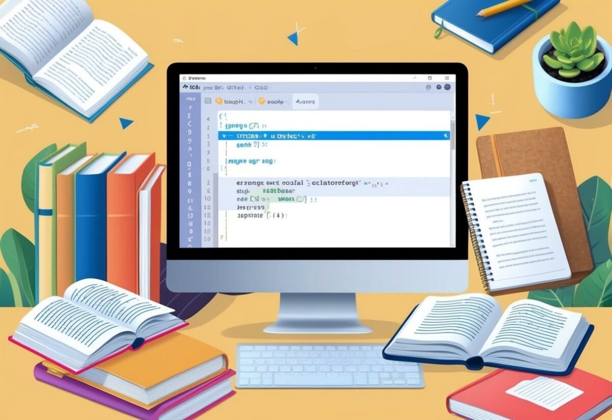 A computer screen displaying Python code with "args" and "kwargs" highlighted, surrounded by open books and a notebook