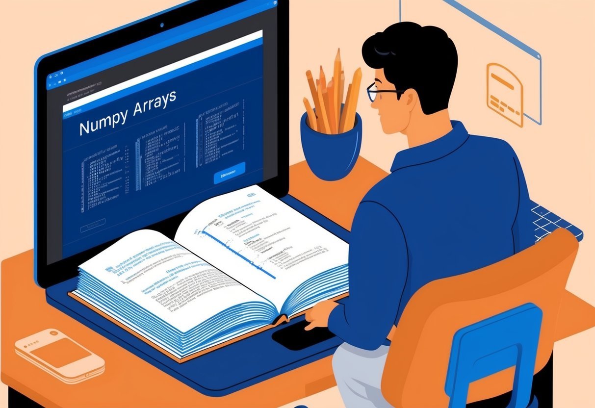 A person studying a book with a computer open to a website about NumPy arrays