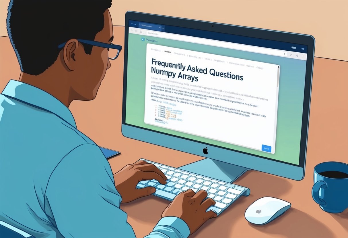 A person reading a computer screen with a webpage open about "Frequently Asked Questions Learning about NumPy arrays"