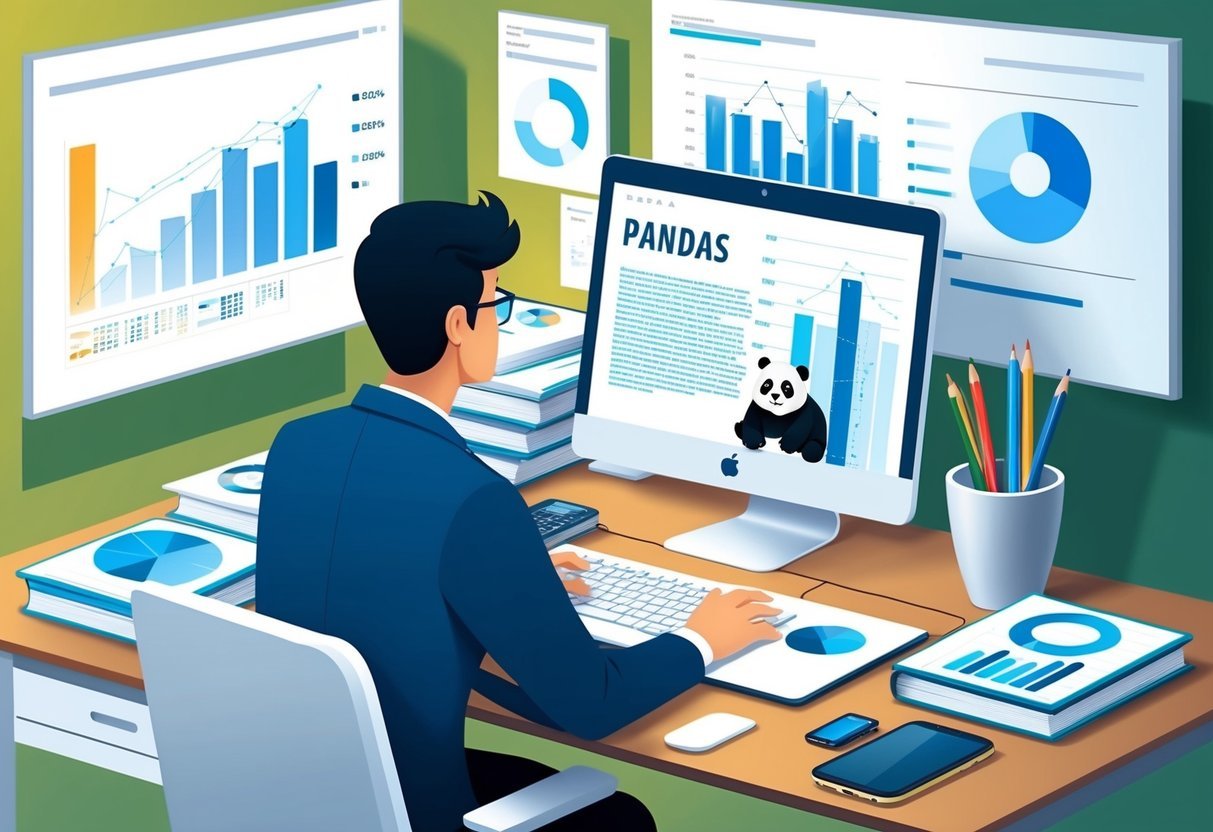 A person working on a computer, surrounded by charts and graphs, with a book open to a page about Pandas for data analysis