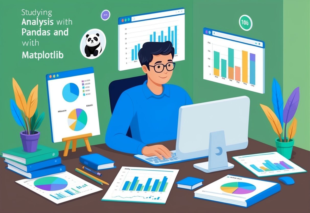 A person working at a desk with a computer, surrounded by charts and graphs, while studying data analysis with Pandas and Matplotlib