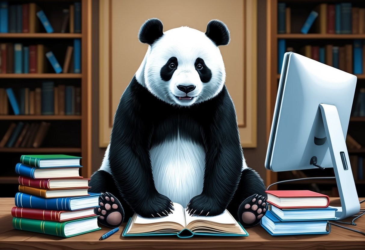 A panda bear surrounded by books and a computer, with a thoughtful expression