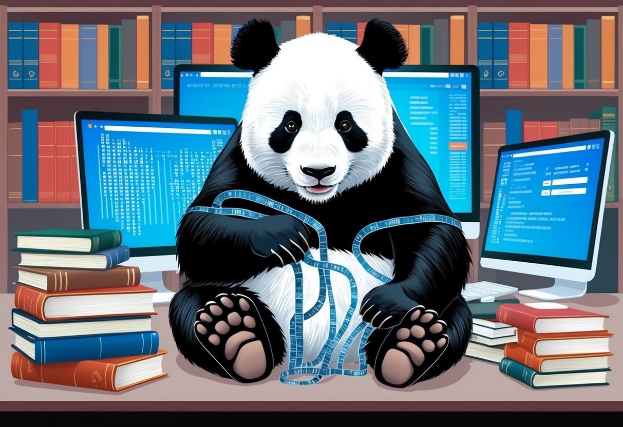 A panda surrounded by books and computer screens, manipulating strings of data with its paws