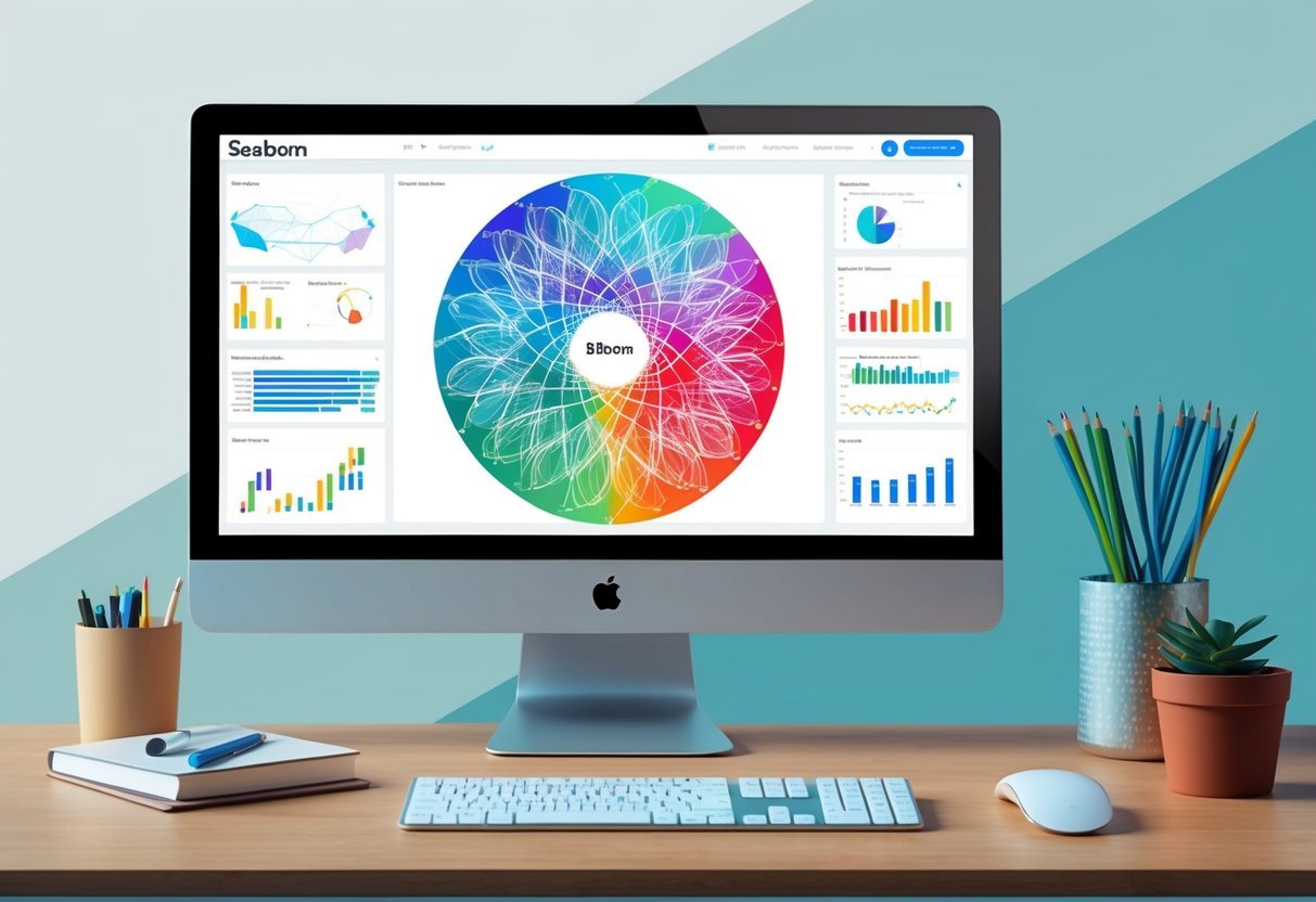 A computer screen displaying a colorful and intricate data visualization created using Seaborn's statistical tools