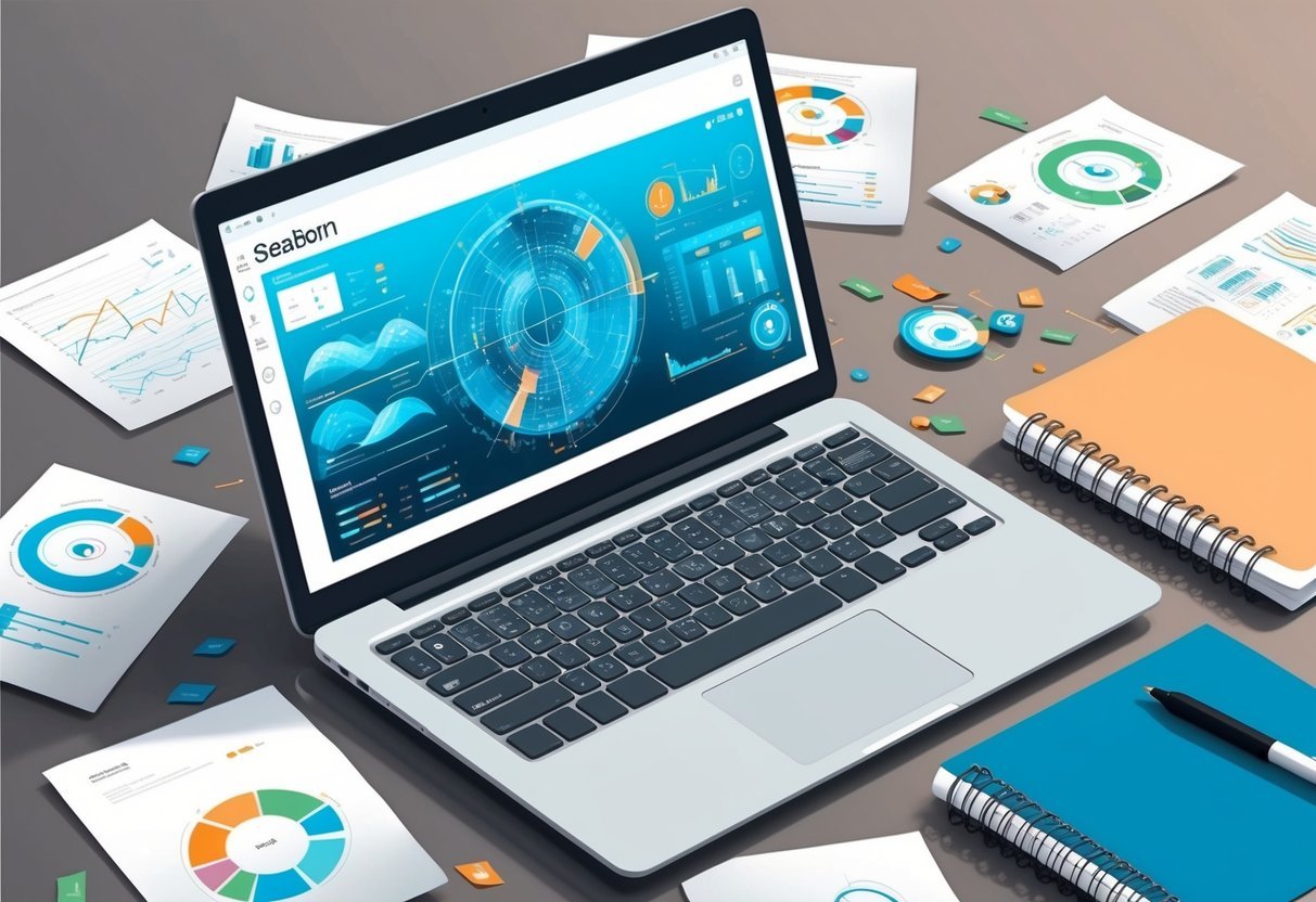 A laptop displaying a complex seaborn data visualization, surrounded by scattered papers and a notebook filled with machine learning algorithms