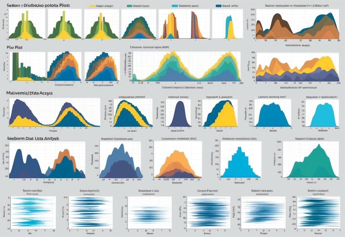 A colorful array of Seaborn distribution plots showcasing various plot types and multivariate data analysis