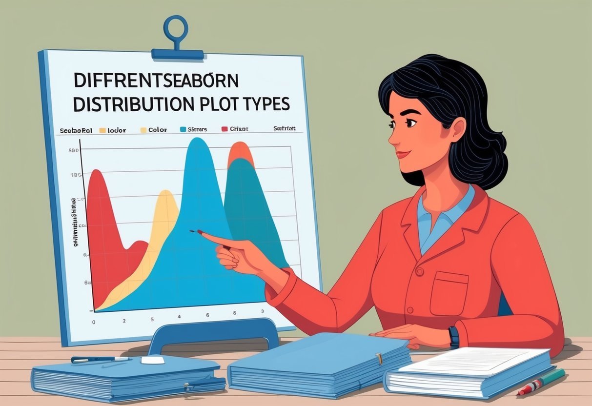 A person studying a chart of different distribution plot types for Seaborn