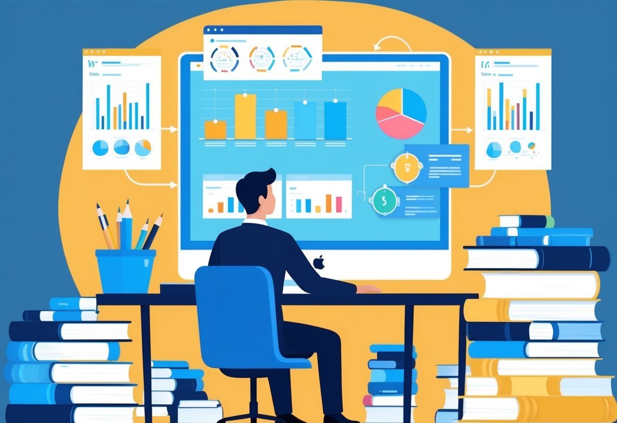 A person at a desk with a computer, surrounded by books and papers. Graphs and charts on the screen show data analysis and machine learning processes