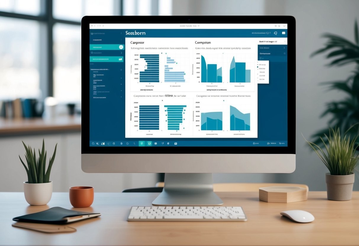 A computer screen displaying Seaborn categorical and comparison plots with data visualization tools