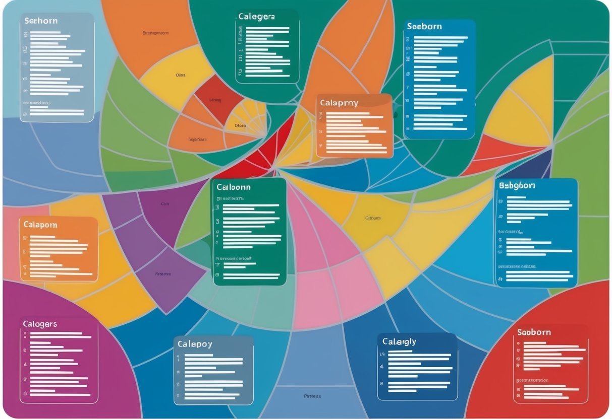 A colorful chart comparing different categories of data using Seaborn's categorical plot types