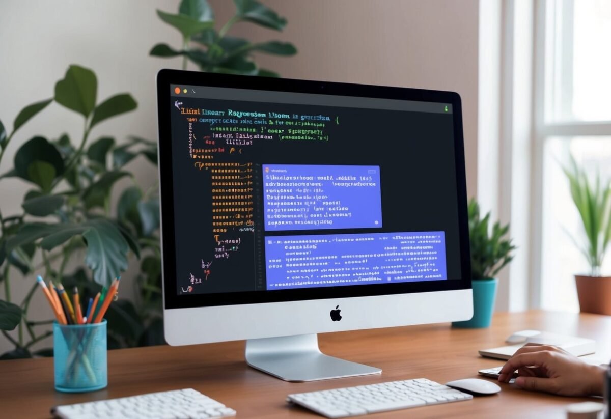 A computer screen displaying Python code for linear regression using SciKit Learn
