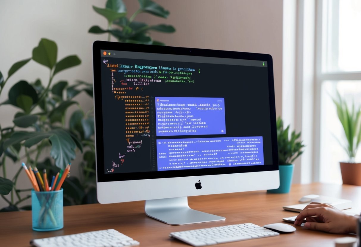 A computer screen displaying Python code for linear regression using SciKit Learn