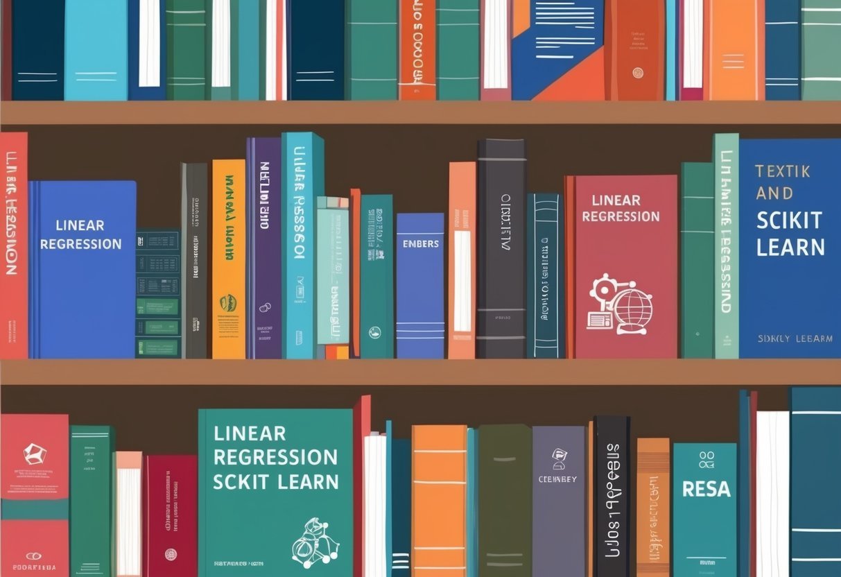 A bookshelf with a variety of textbooks and reference materials on linear regression and SciKit Learn