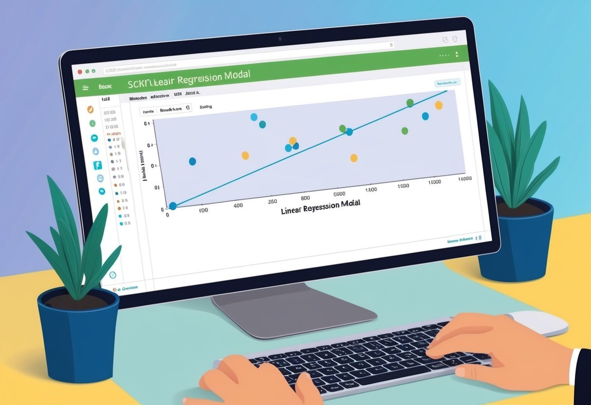 A computer screen displaying a linear regression model being trained and tested using SciKit Learn, with data points and a regression line