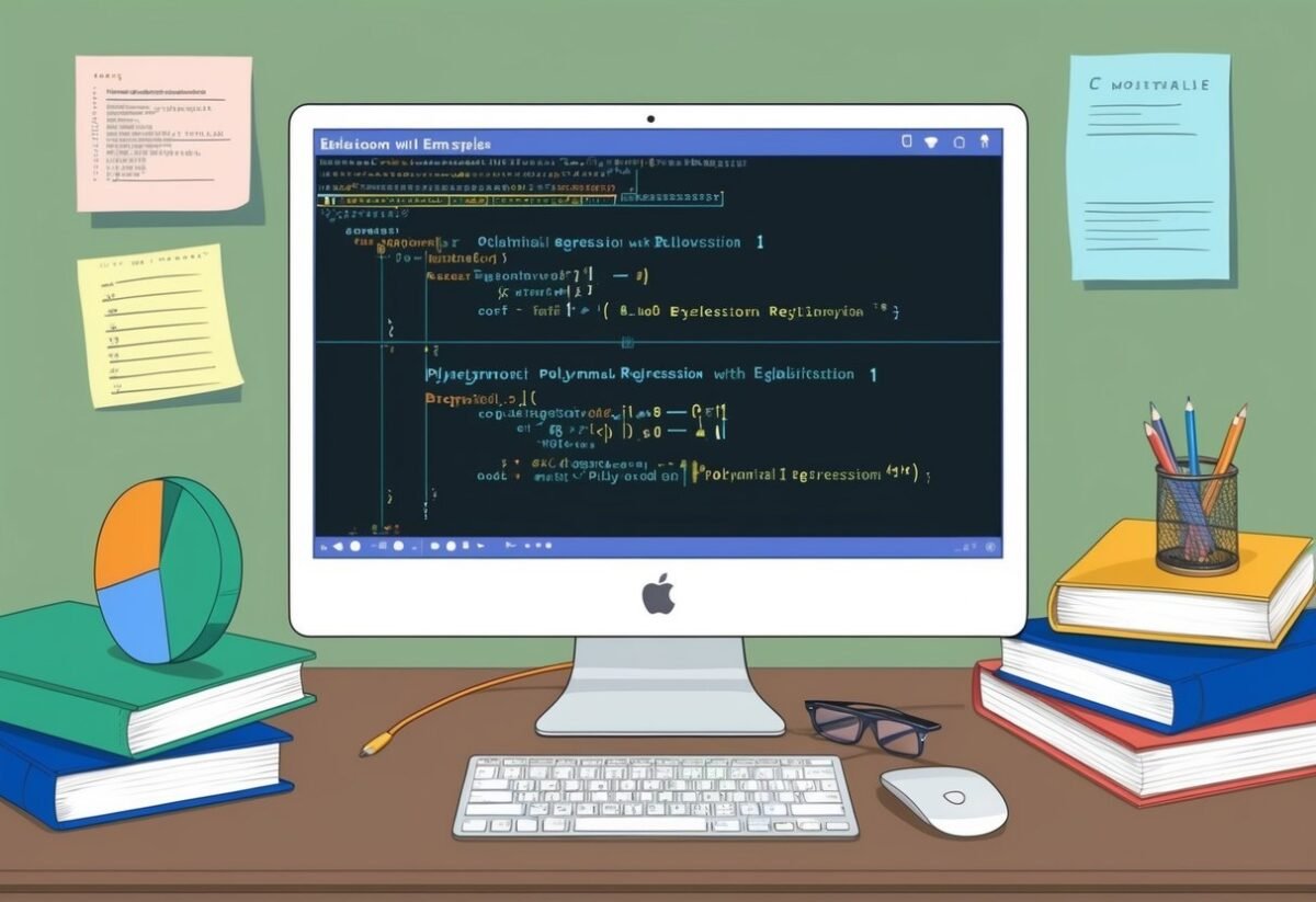 A computer screen displaying code examples for polynomial regression with regularization, surrounded by books and notes on software implementations