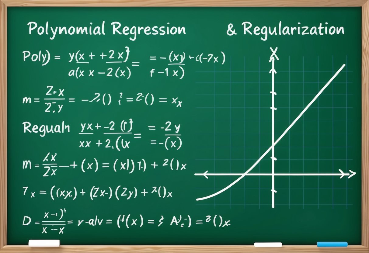 A chalkboard filled with equations and graphs related to polynomial regression and regularization