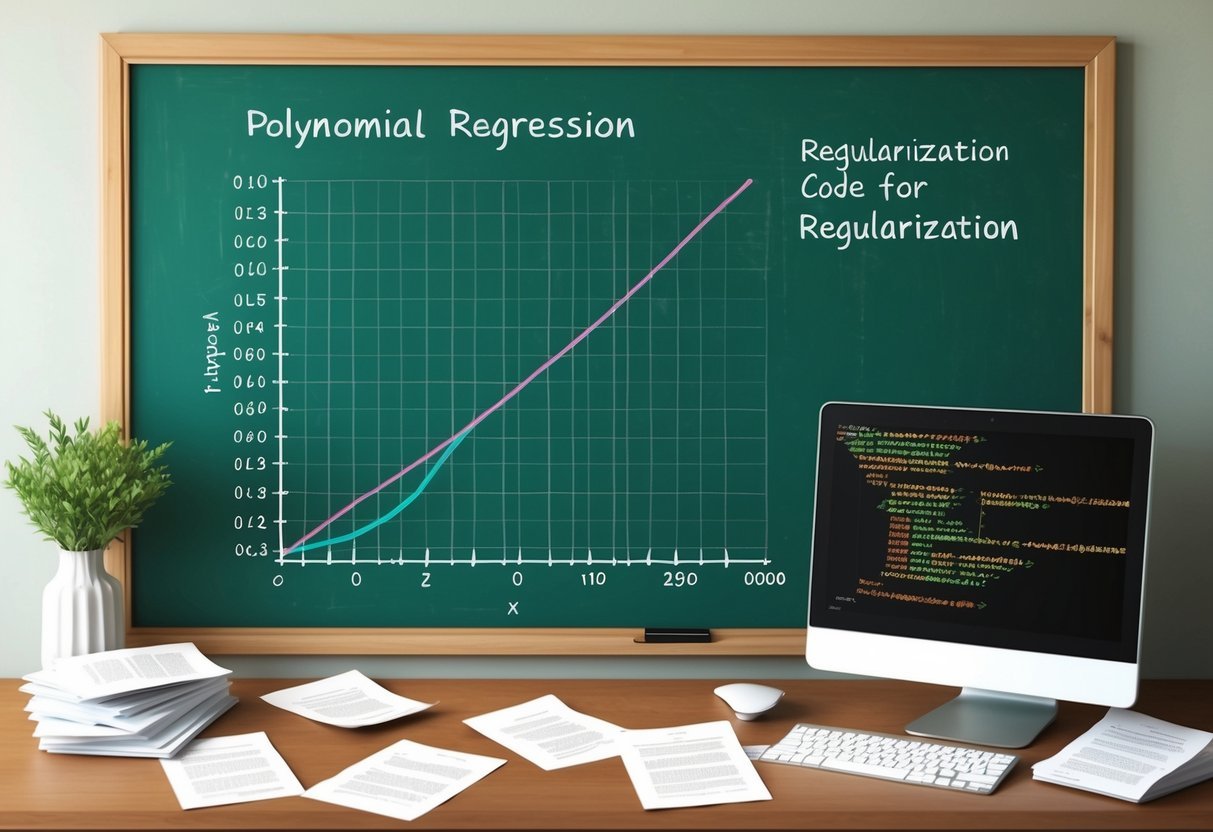 A chalkboard with a graph of polynomial regression, surrounded by scattered papers and a computer displaying code for regularization