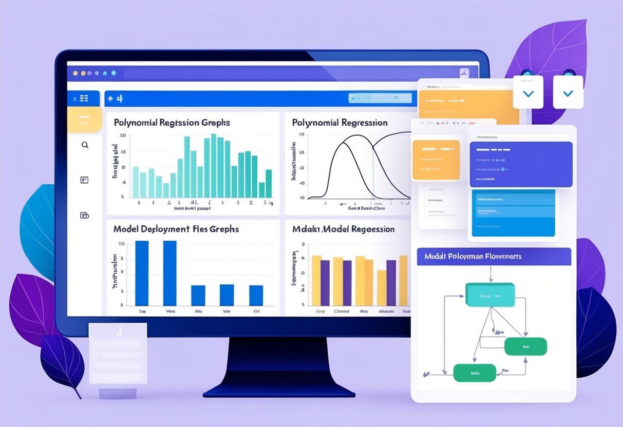 A computer screen displaying datasets, polynomial regression graphs, and model deployment flowcharts