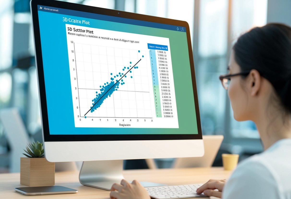 A computer screen displaying a 3D scatter plot with a regression line and a grid of coefficients for ridge regression and elastic net