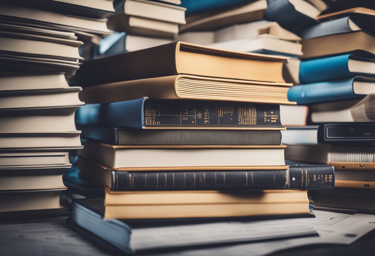 A stack of books on natural language processing, surrounded by computer screens and technical diagrams
