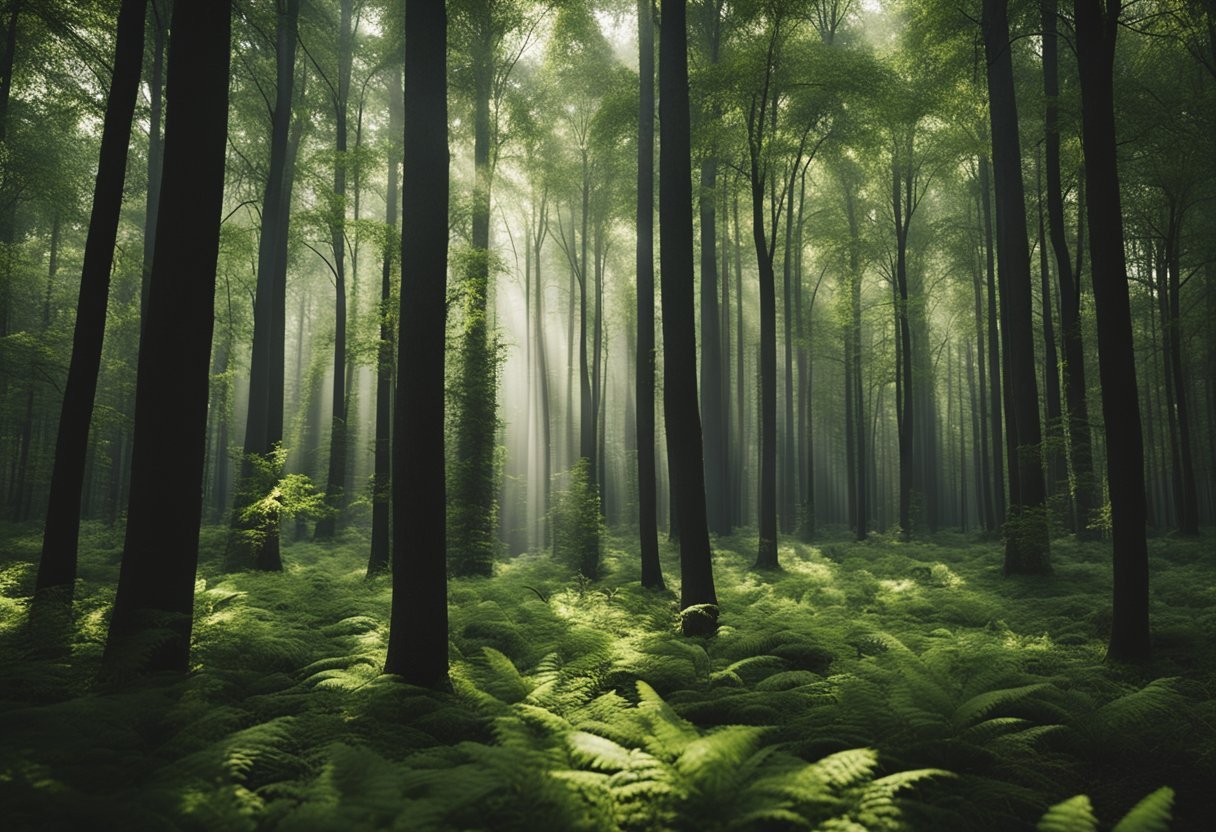 A dense forest with a mix of trees, plants, and wildlife. Various industries such as agriculture, technology, and finance are represented within the forest, each with their own unique characteristics
