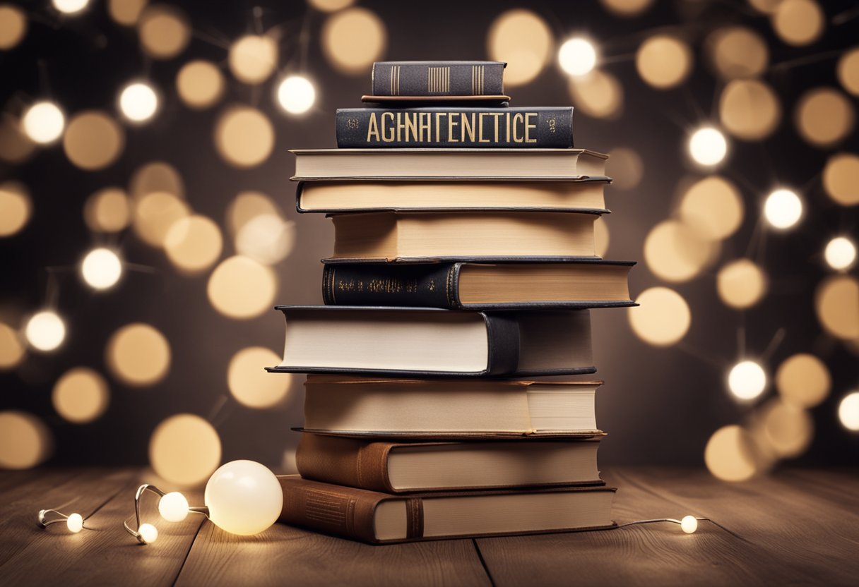 A stack of books with titles on natural language processing, surrounded by question marks and lightbulbs