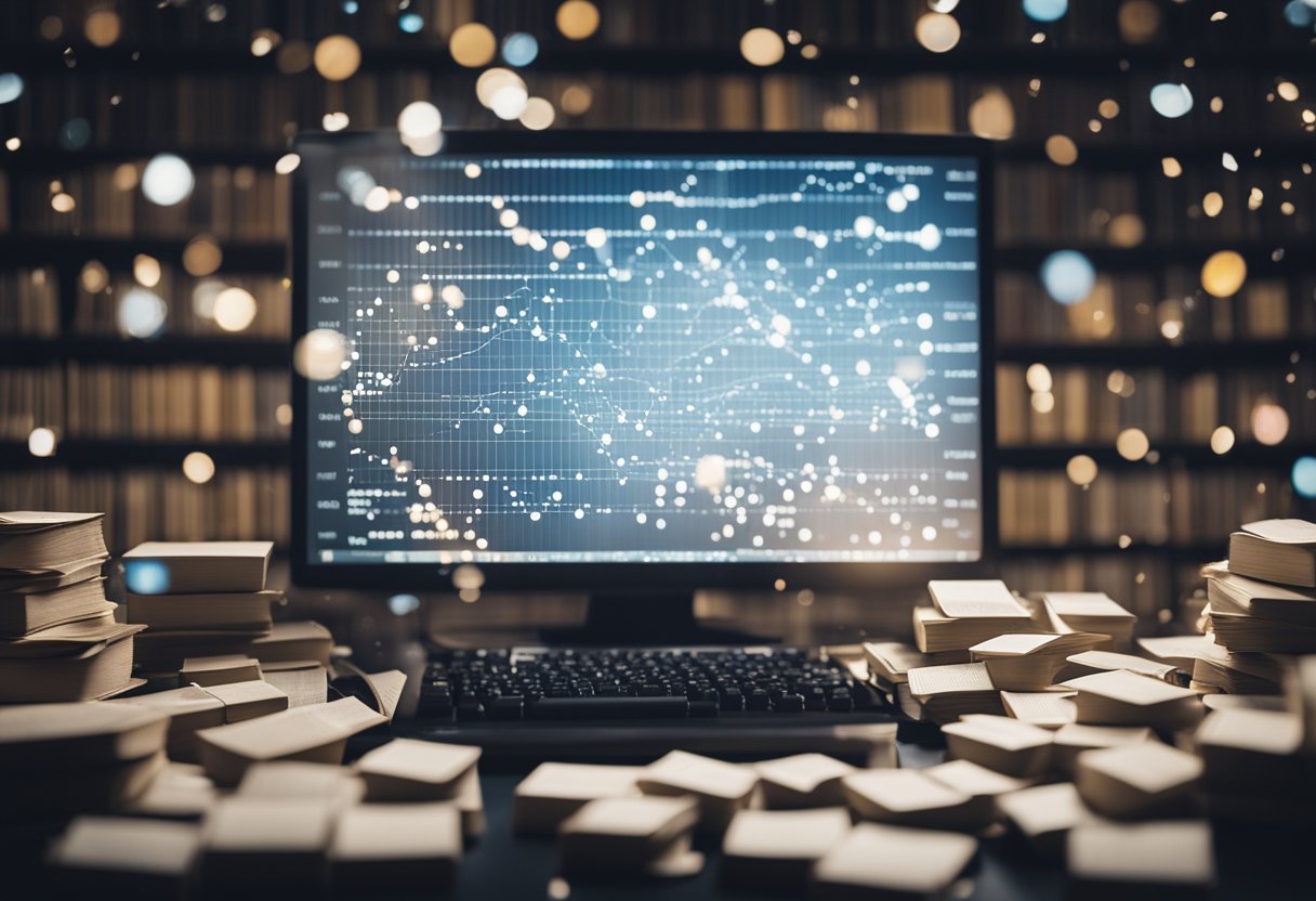 A computer displaying a scatter plot with clustered data points, surrounded by books and papers on DBSCAN algorithm
