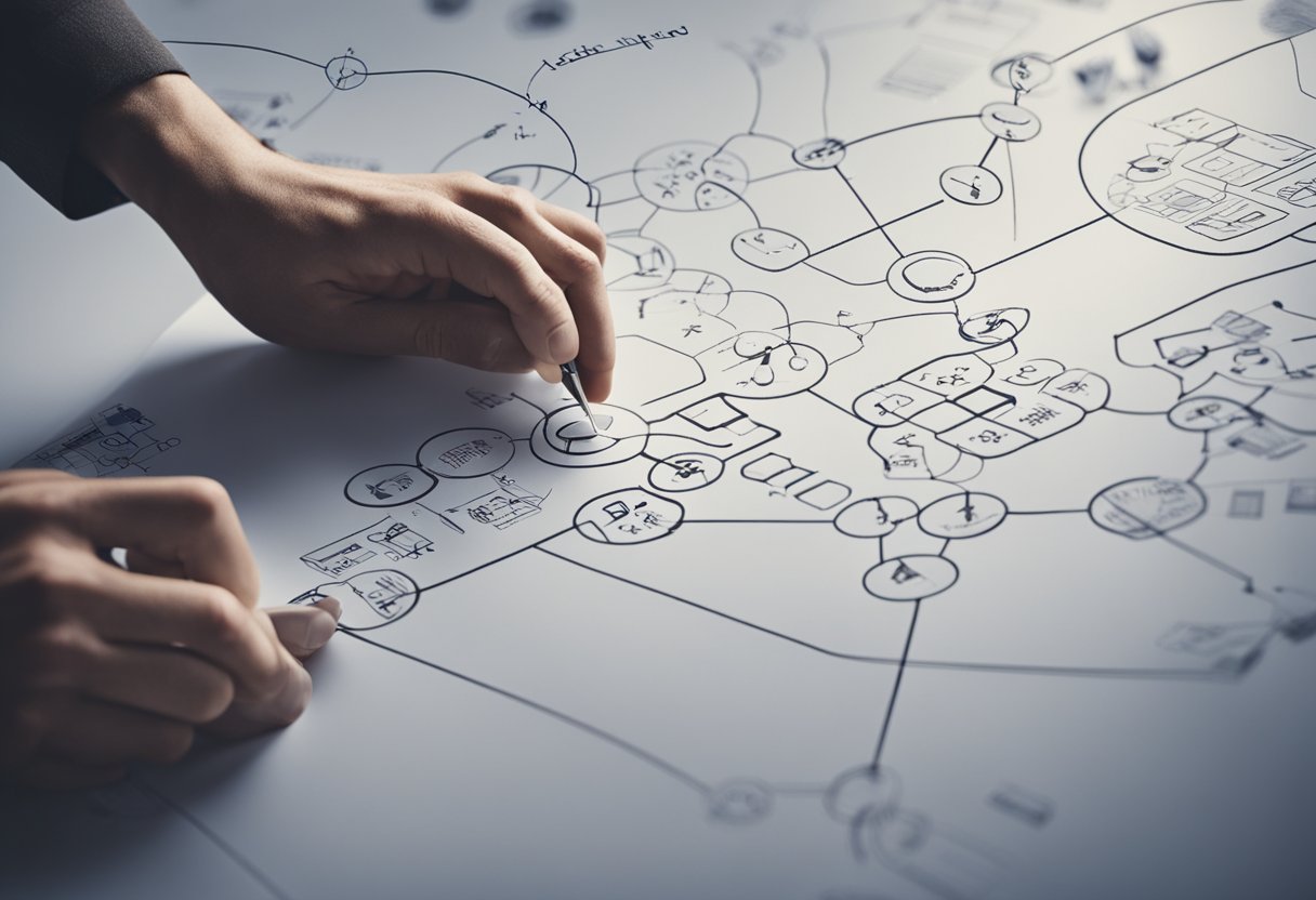 A person drawing three interconnected diagrams: a linked list, a singly linked list, and a doubly linked list to illustrate algorithm complexity