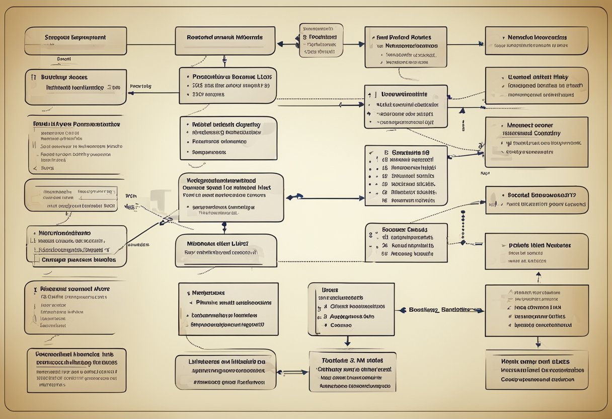 A flowchart showing the process of implementing linked lists, including singly linked lists and doubly linked lists, with labeled nodes and arrows connecting them
