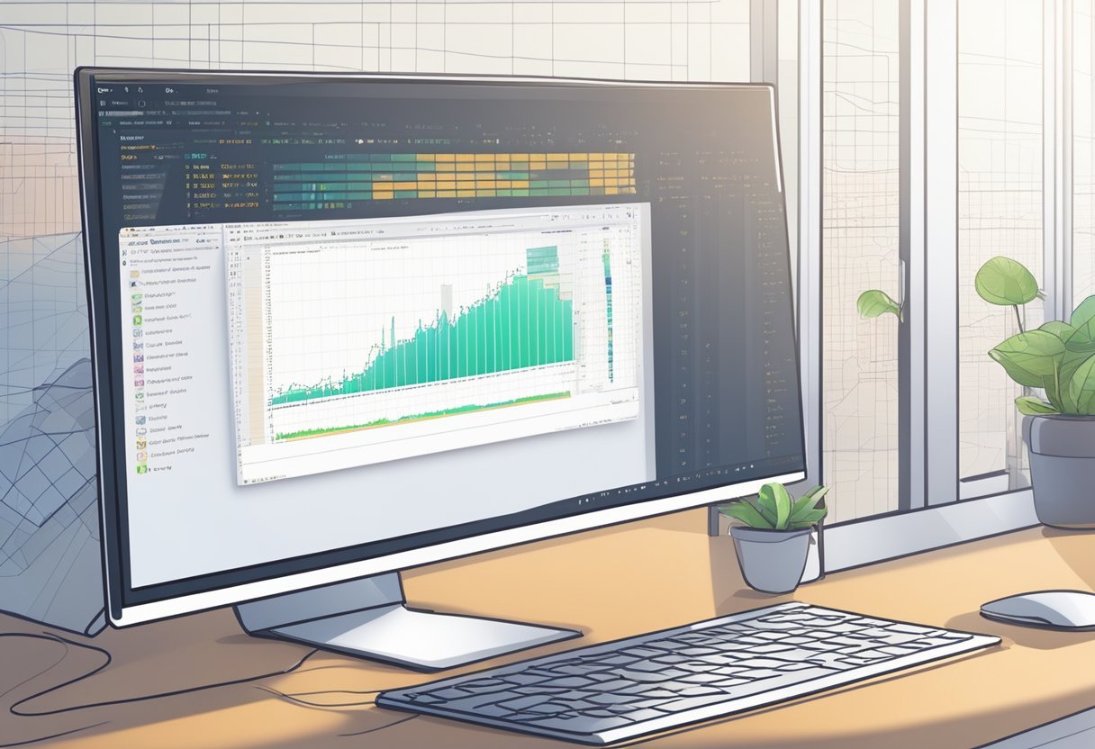 A computer screen displaying a python code editor with a graph being generated and data analysis tools open in the background