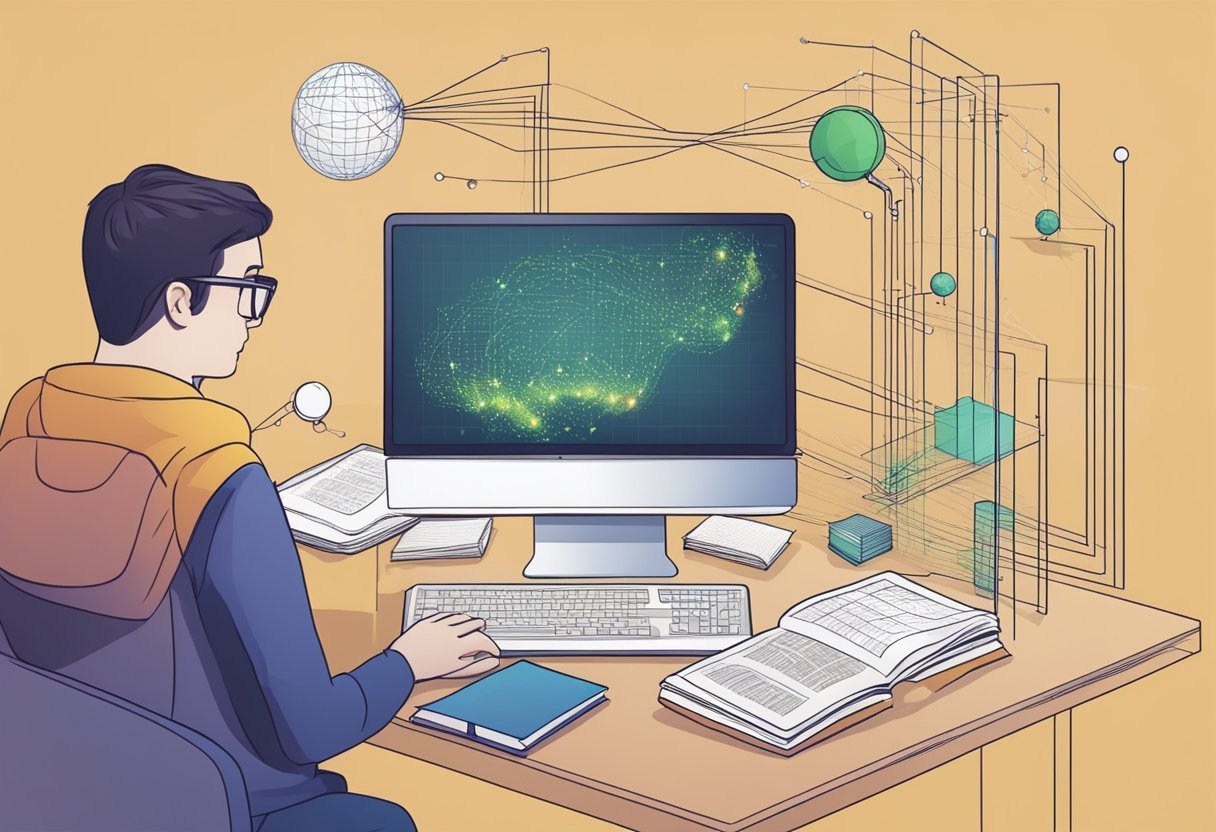A person reading a book on graph theory with a computer open to a Python coding tutorial