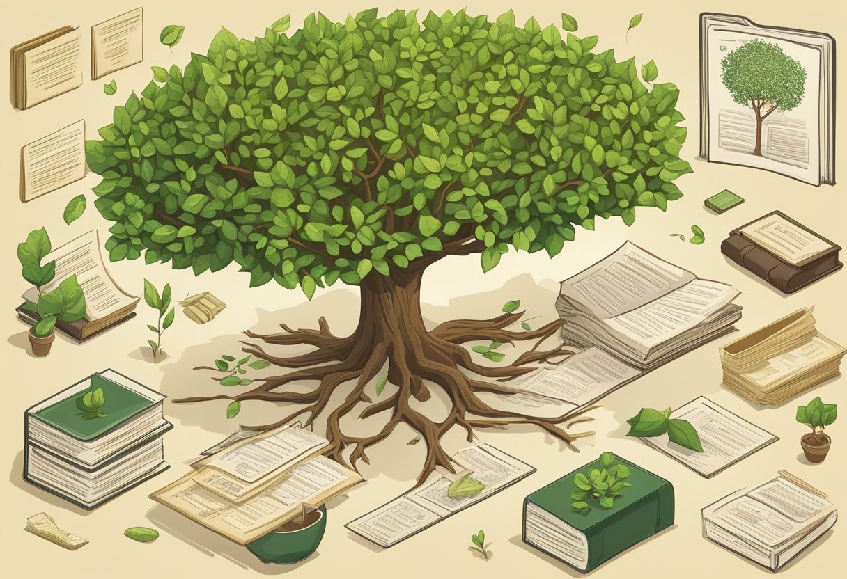 A tree growing from roots, with branches representing decision nodes and leaves as outcomes, surrounded by historical documents on decision tree terminology