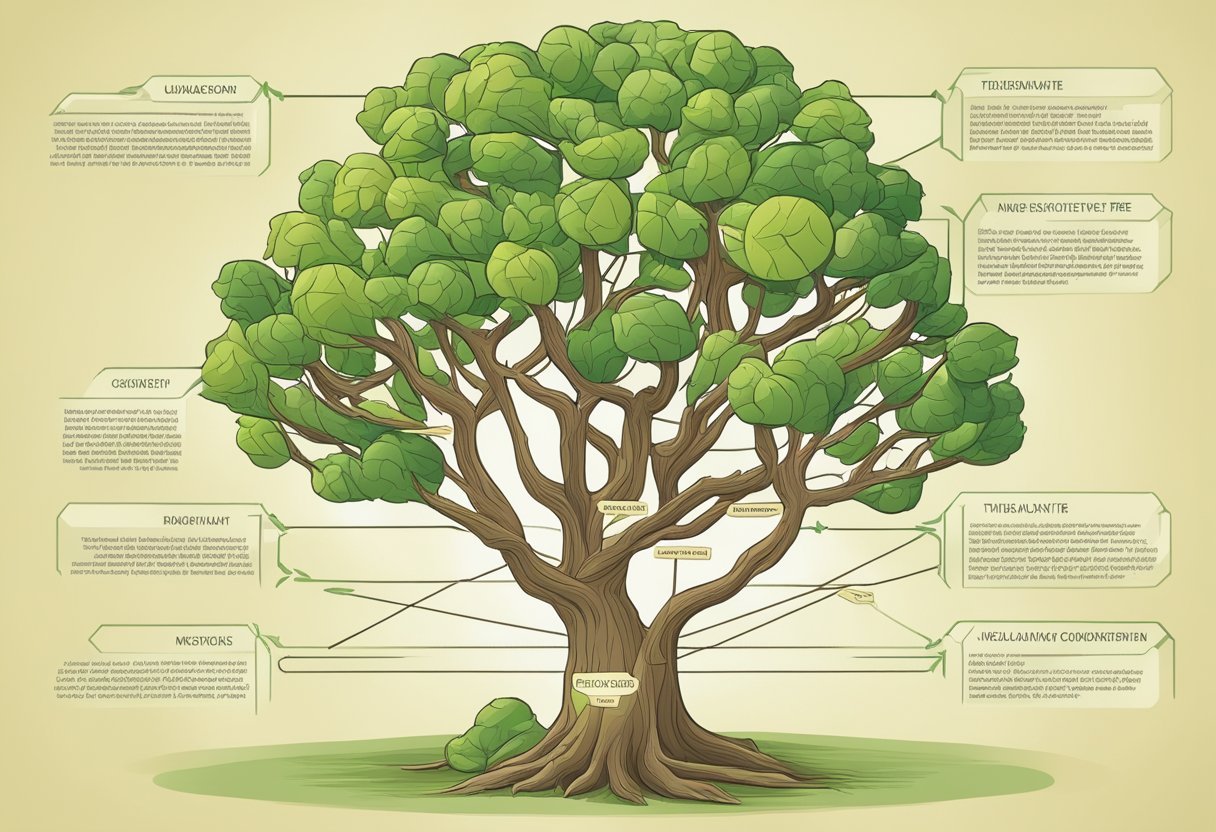 A branching tree with labeled nodes representing fundamental concepts in decision tree learning