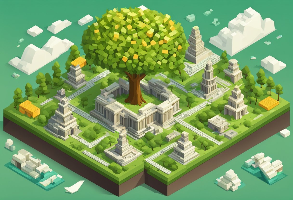 A tree with branches labeled "history" and "terminology" grows from a pile of building blocks