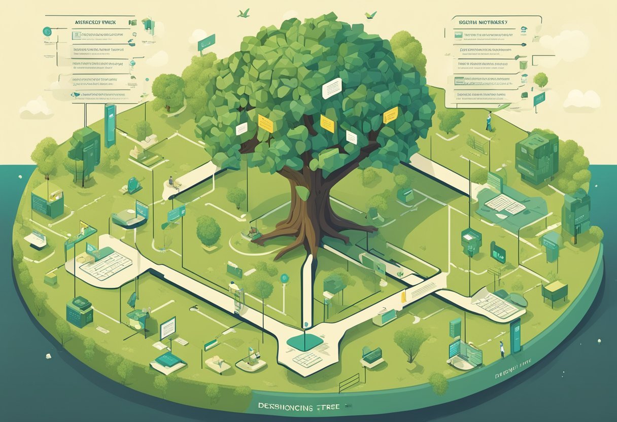A decision tree branching out with labeled nodes and branches, surrounded by historical references and terminology