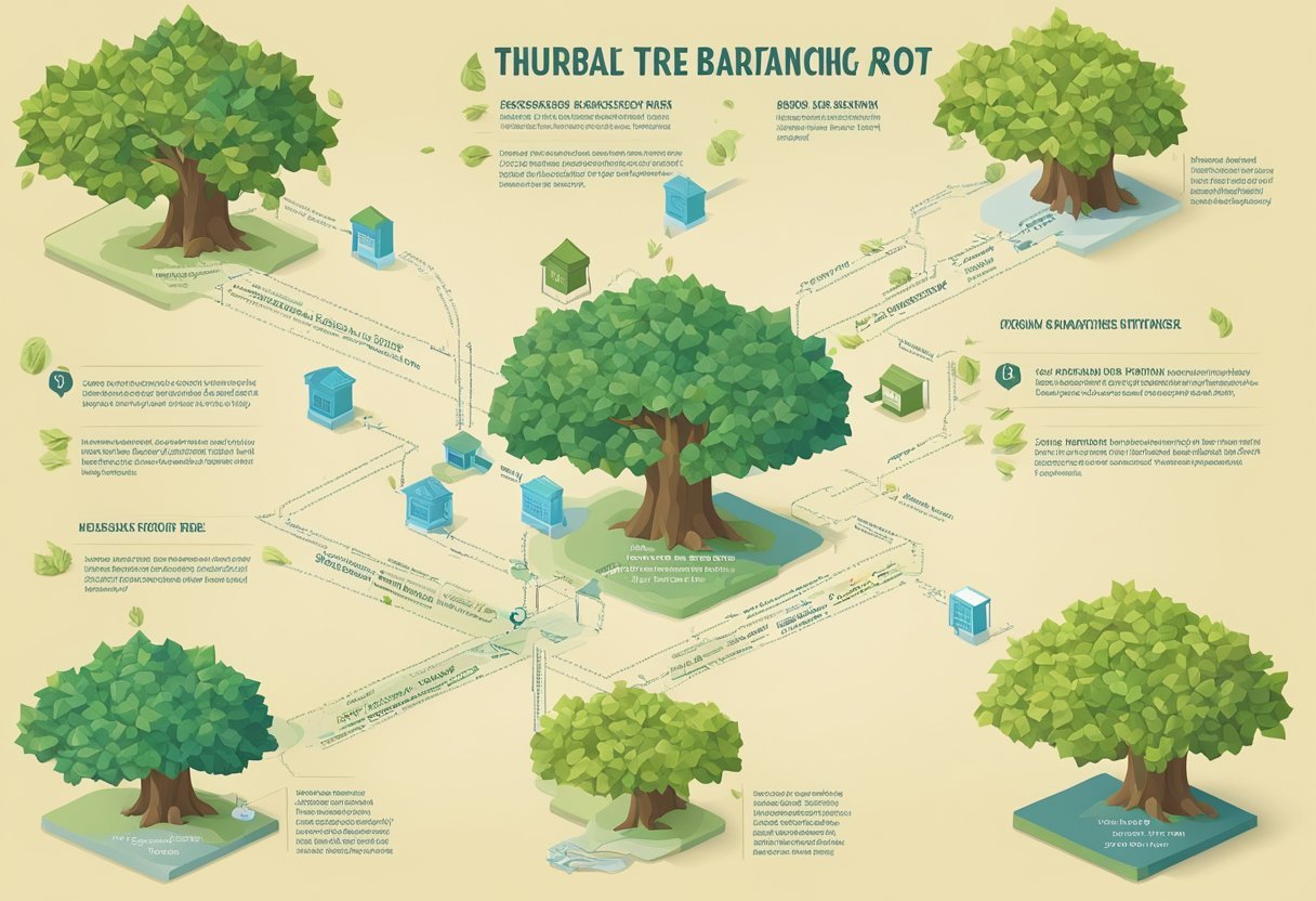 A decision tree branching from historical roots, with key terminology as leaves, symbolizing practical applications