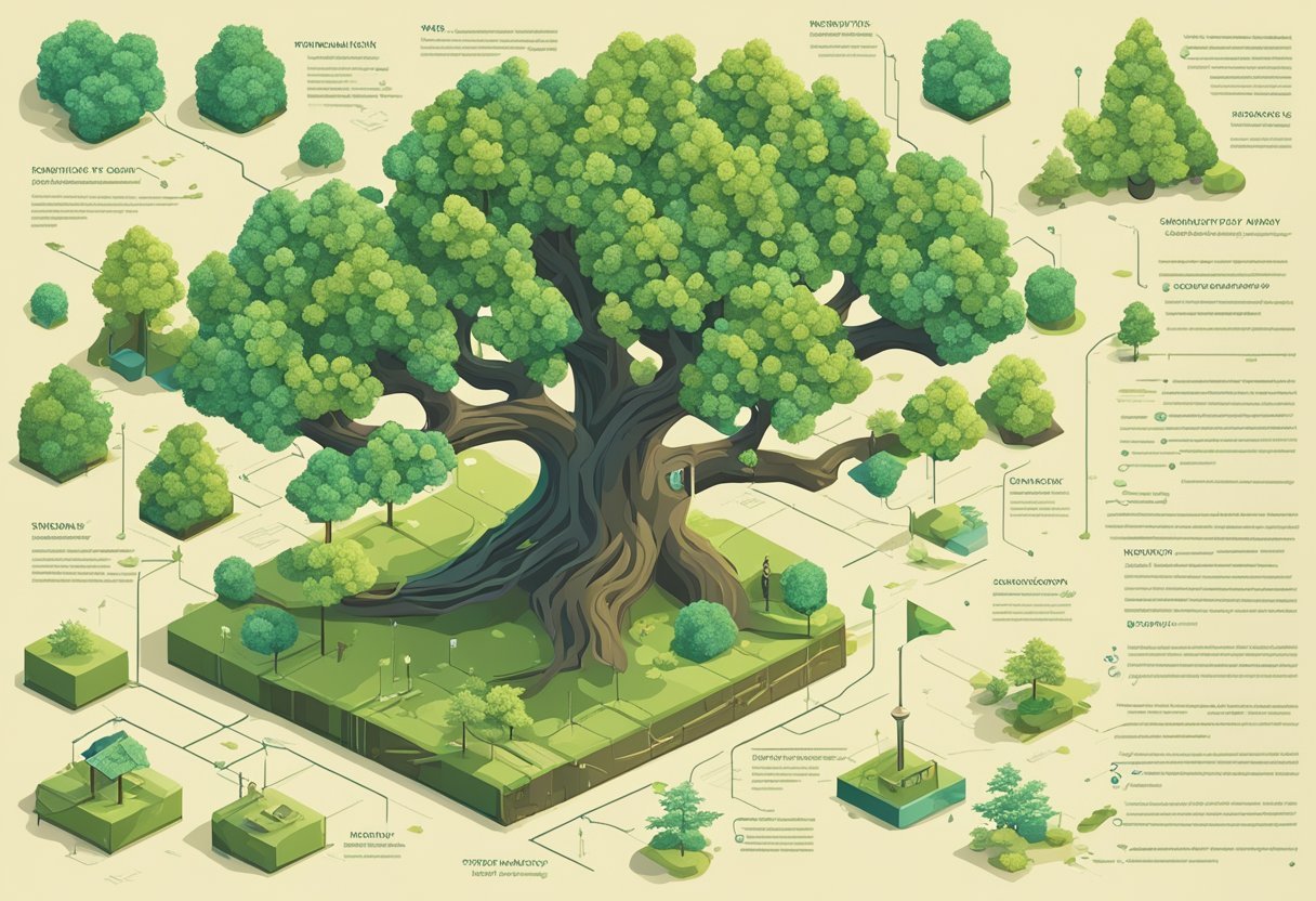A branching tree with nodes labeled "history" and "terminology."