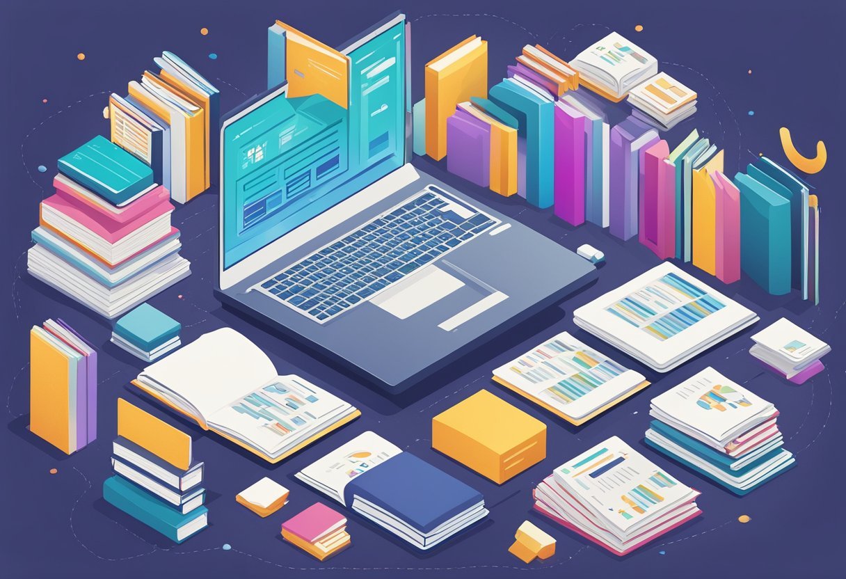 A computer displaying code for a recommender system in Python, surrounded by data science books and a notebook with handwritten notes