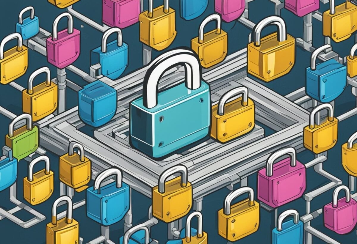 A padlock surrounded by layers of shields and barriers, with smaller locks nested inside, symbolizing encapsulation and data security in OOP inheritance